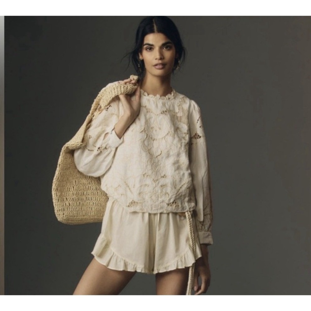 ANTHROPOLOGIE Lainie Lace Cutout Lined Blouse M White/Tan Top Angel Prairie Boho